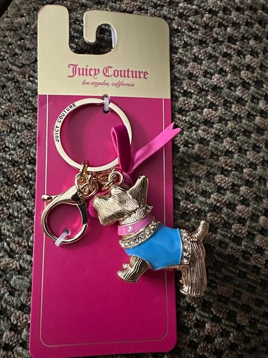 Juicy Couture Gold Scottie Keychain with Blue and Pink Accents - Picture 1 of 3